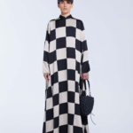 Laser Cut Checked Floor Length Dress- Black / Ivory