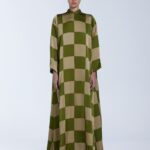 Laser Cut Checked Floor Length Dress – Olive/ Tan