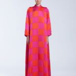 Laser Cut Checked Floor Length Dress – Pink/ Orange