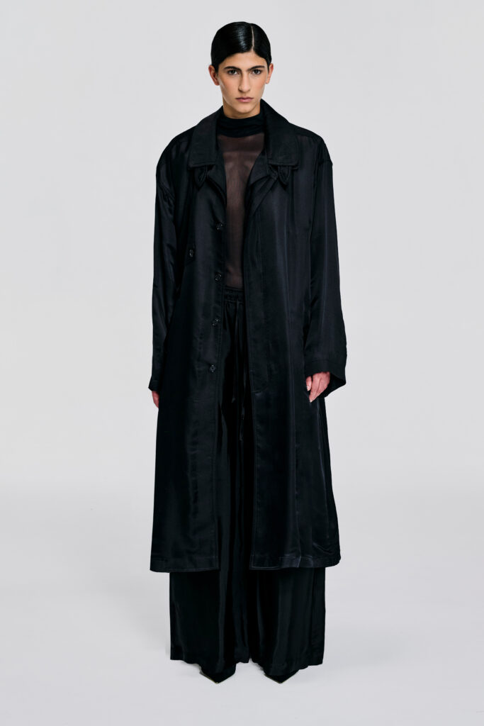 front view of model wearing black-silk-longline-coat-kimc-studio.jpg