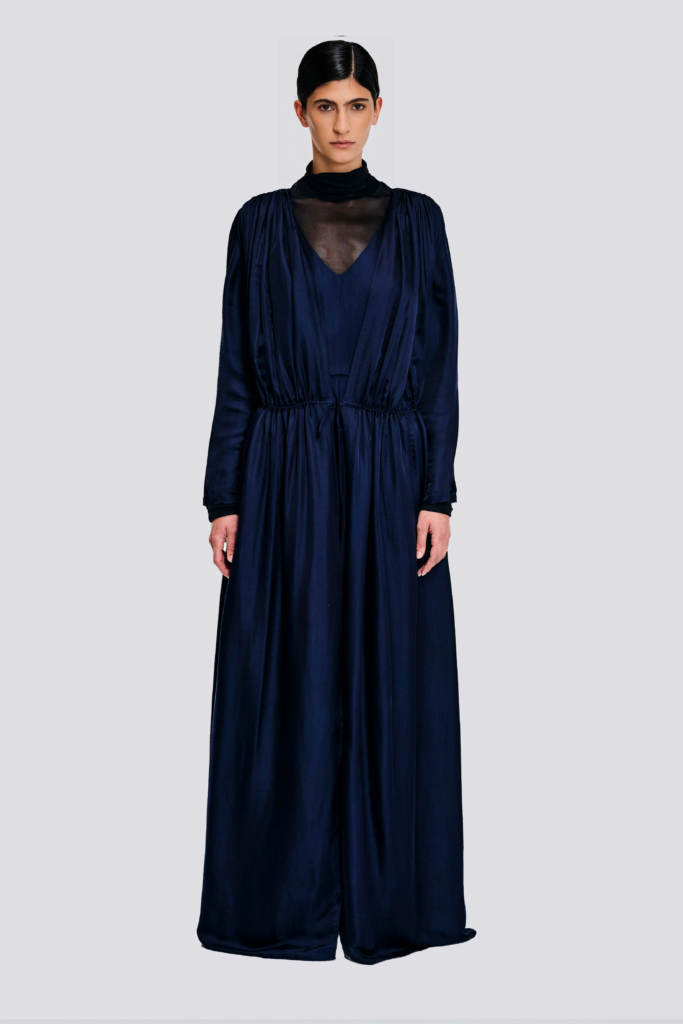 Convertible midnight navy silk panel dress with side pockets, soft front panels, shorter inner dress, and optional sheer high-neck top by KimC Studio.