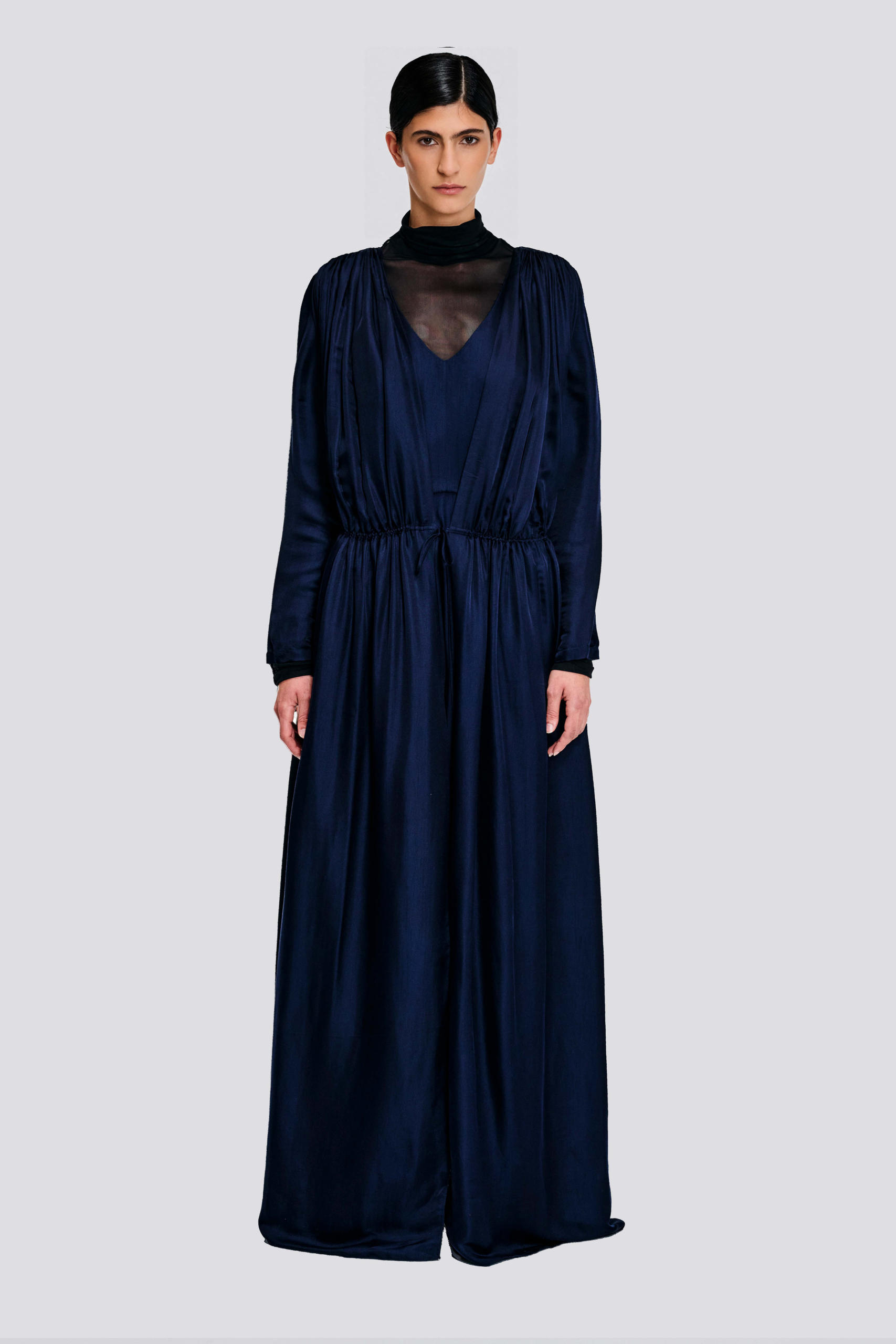 Convertible midnight navy silk panel dress with side pockets, soft front panels, shorter inner dress, and optional sheer high-neck top by KimC Studio.