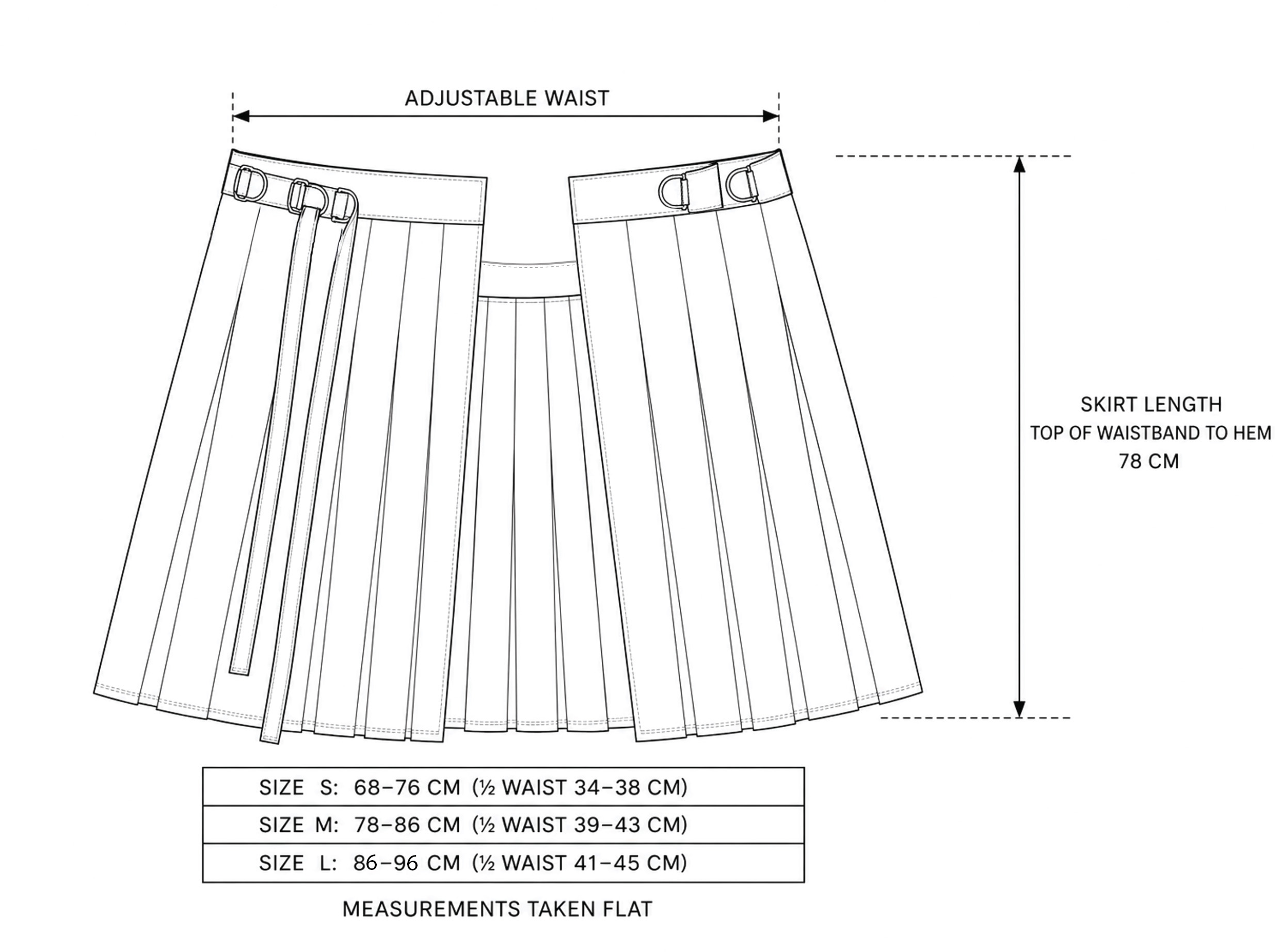 Kim C Studio Black Cotton Pleated Wrap Skirt measurement diagram showing adjustable waist and skirt length.