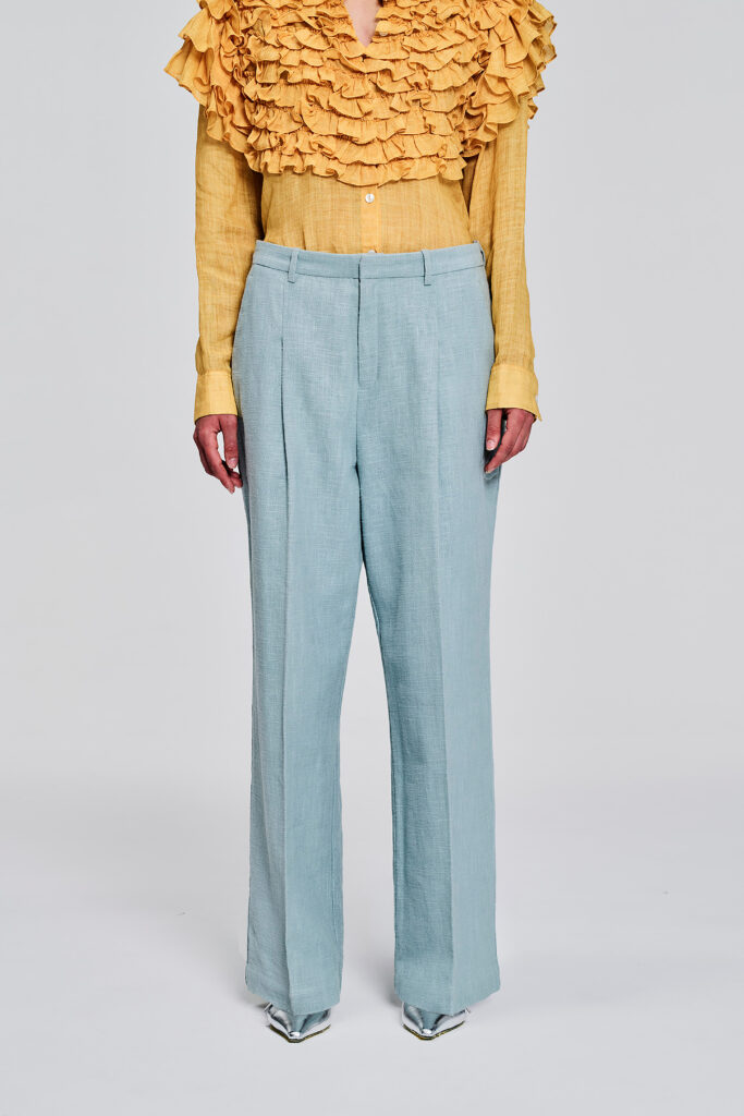 Front view of pale blue wide-leg linen pants by KimC Studio