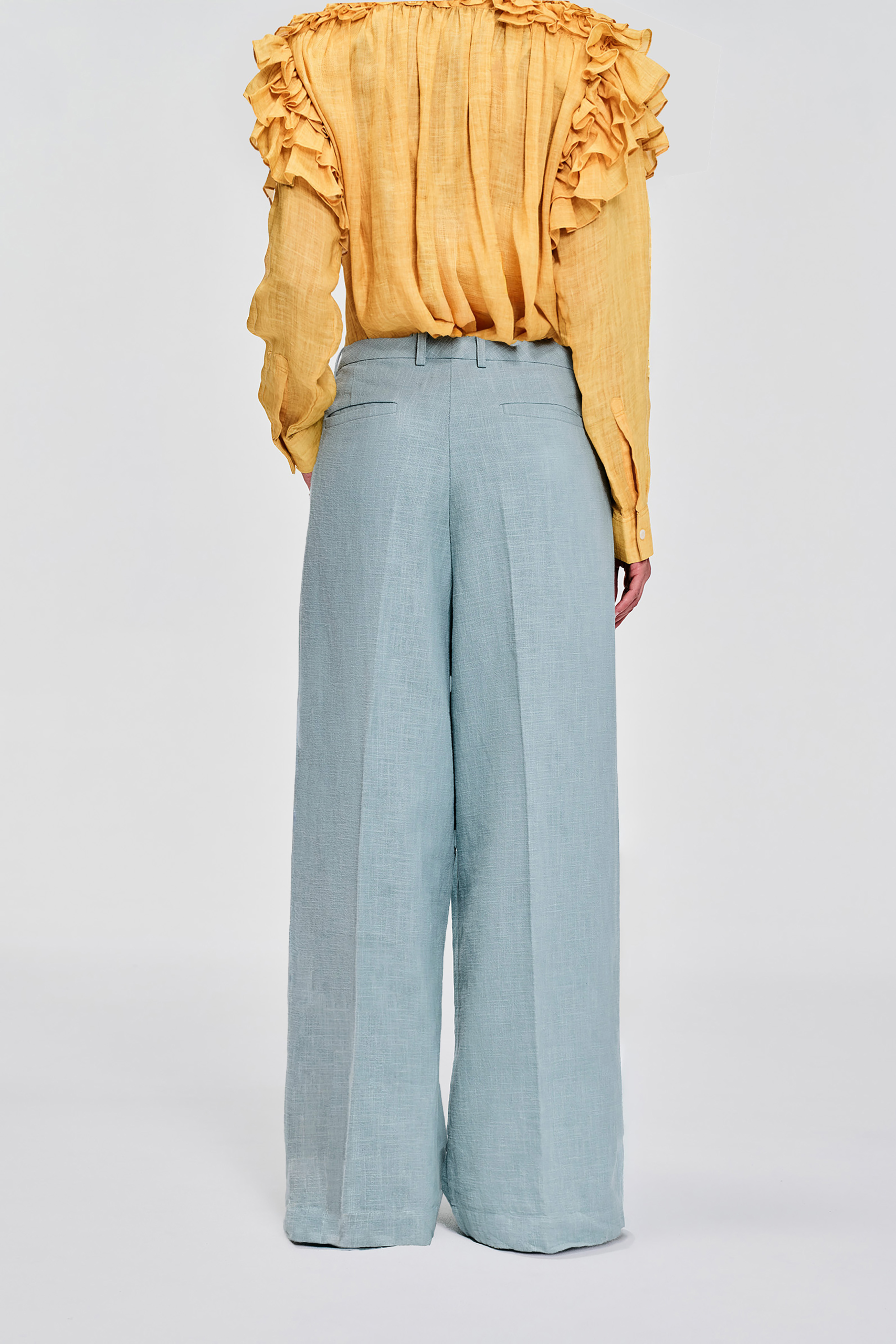 KIM C STUDIO pale blue linen tailored wide-leg-trousers-back-view