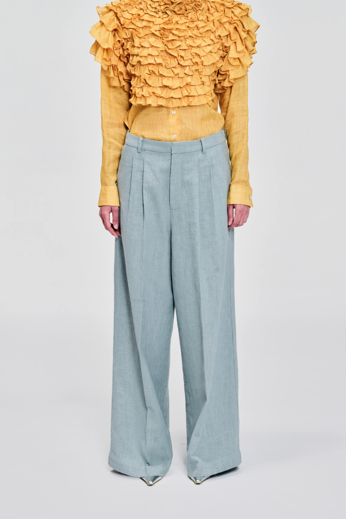 KIM C STUDIO pale blue linen tailored wide-leg trousers front view
