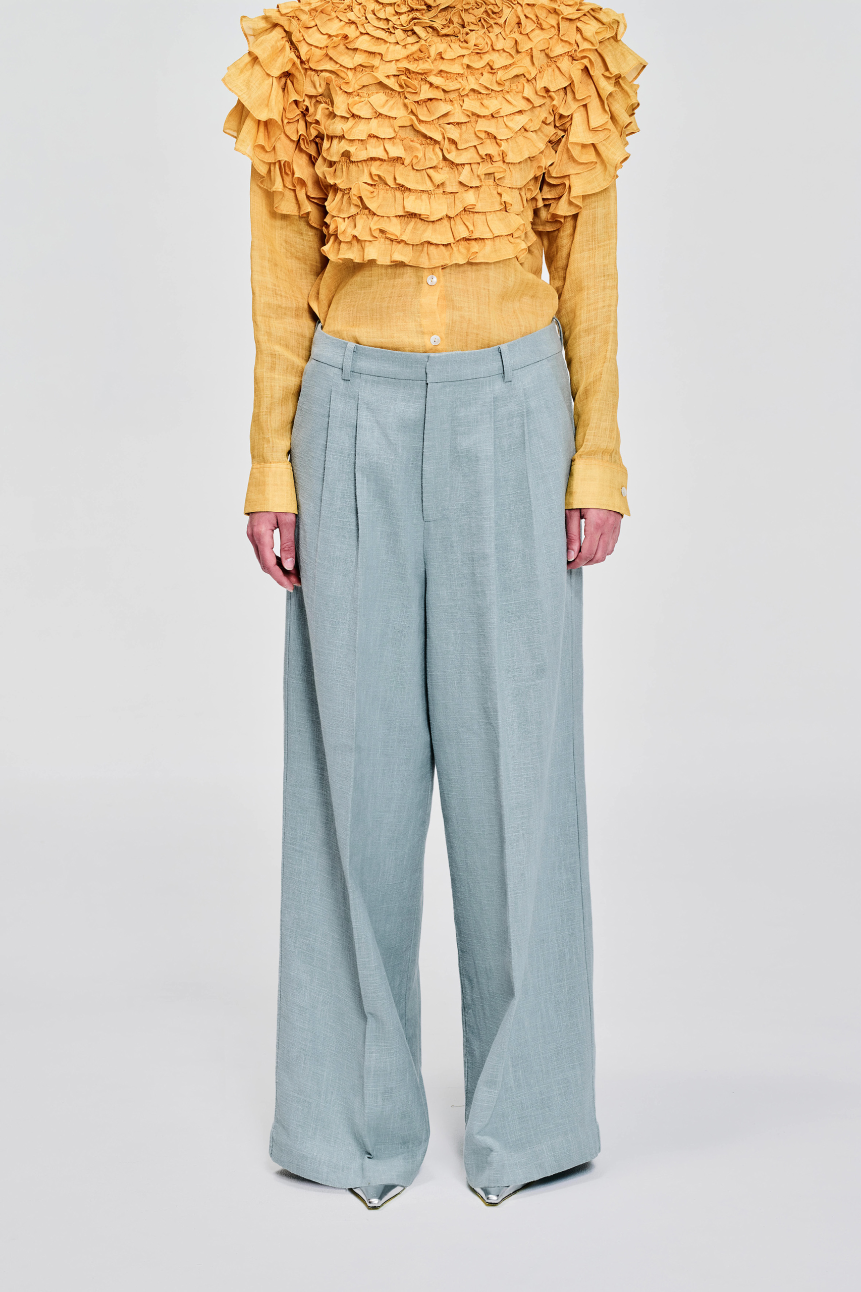 KIM C STUDIO pale blue linen tailored wide-leg trousers front view