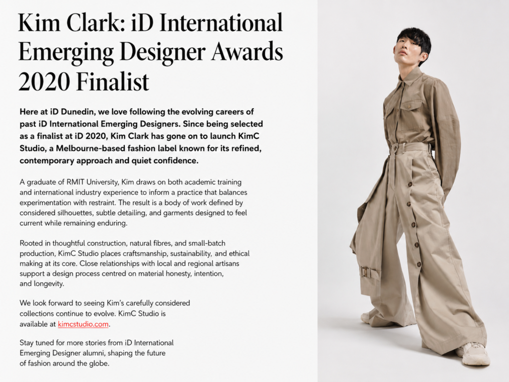 Kim Clark iD International Emerging Designer Awards 2020 finalist feature with KimC Studio fashion campaign image.
