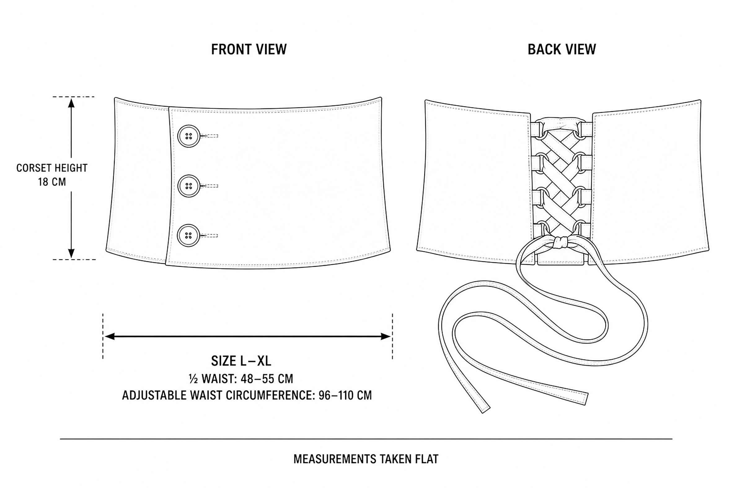 Cotton corset belt L-XL flat drawing with 60–80 cm adjustable waist and 18 cm height
