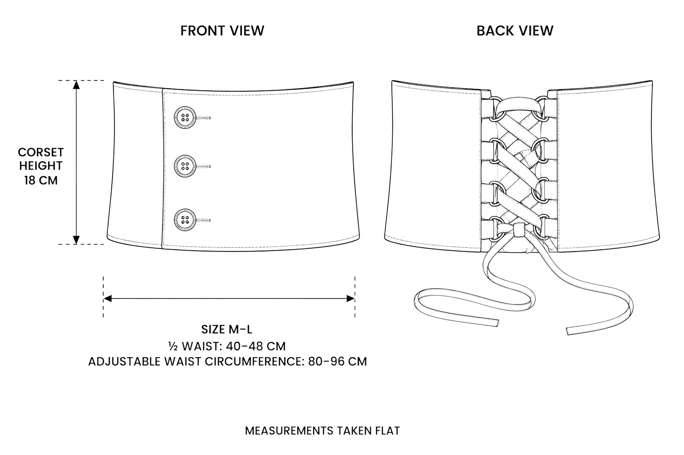Cotton corset belt M-L flat drawing with 60–80 cm adjustable waist and 18 cm height