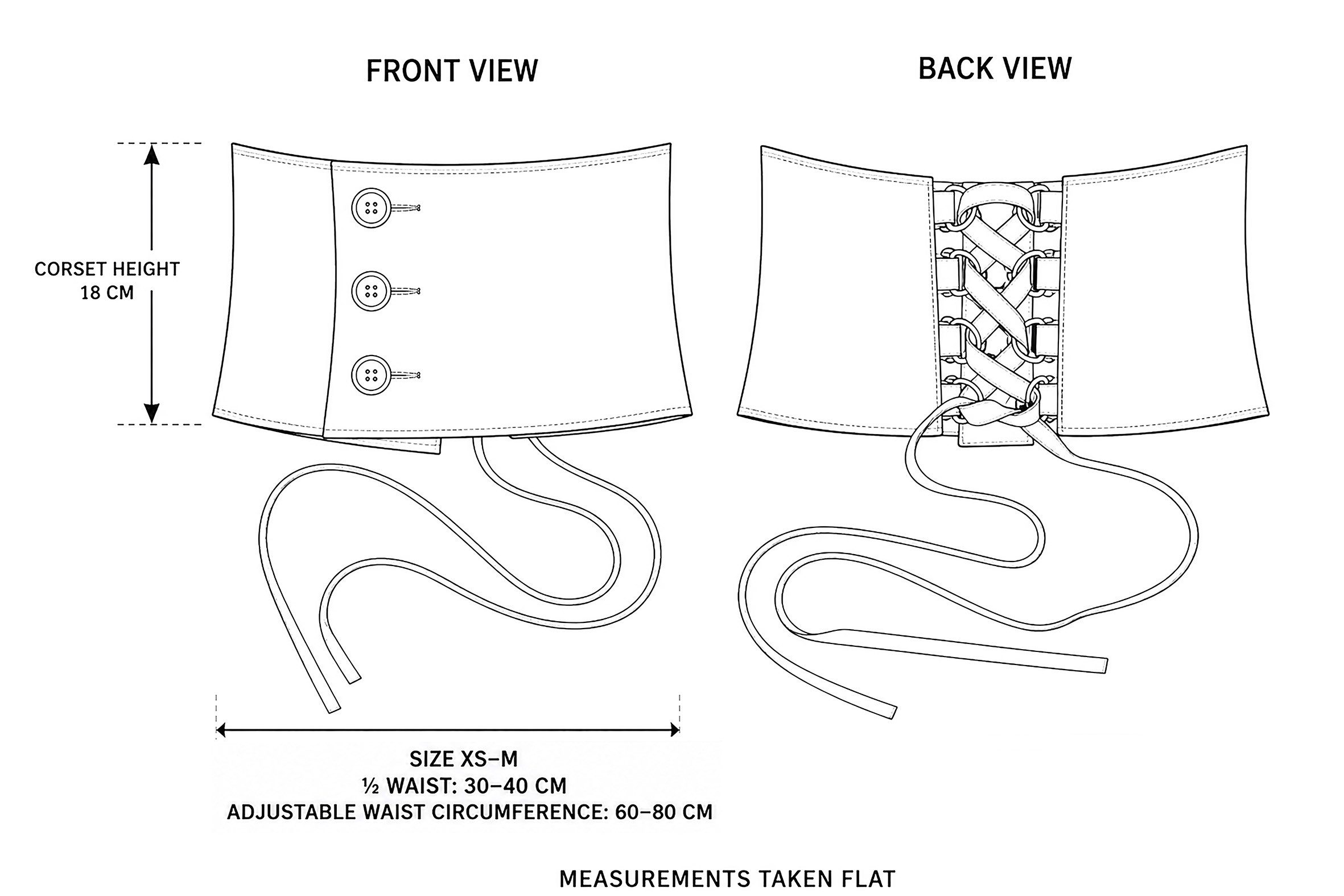 cotton corset belt XS–M flat drawing with 60–80 cm adjustable waist and 18 cm height