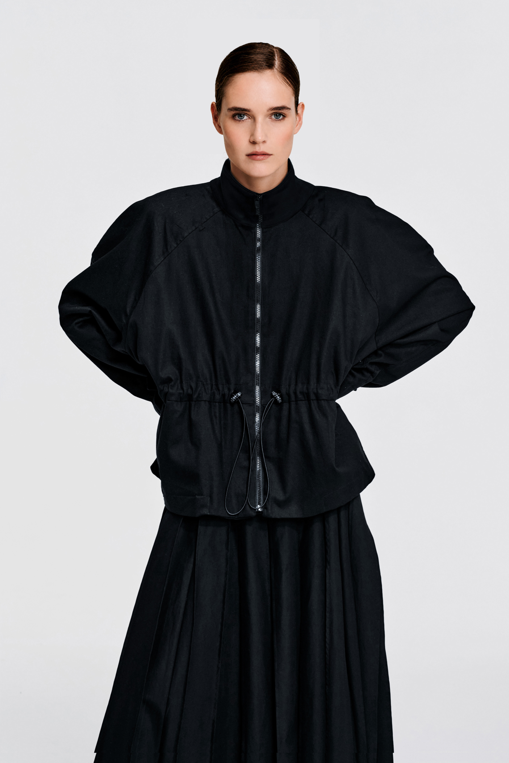 KIM C STUDIO black drawstring-waist cotton jacket detail view