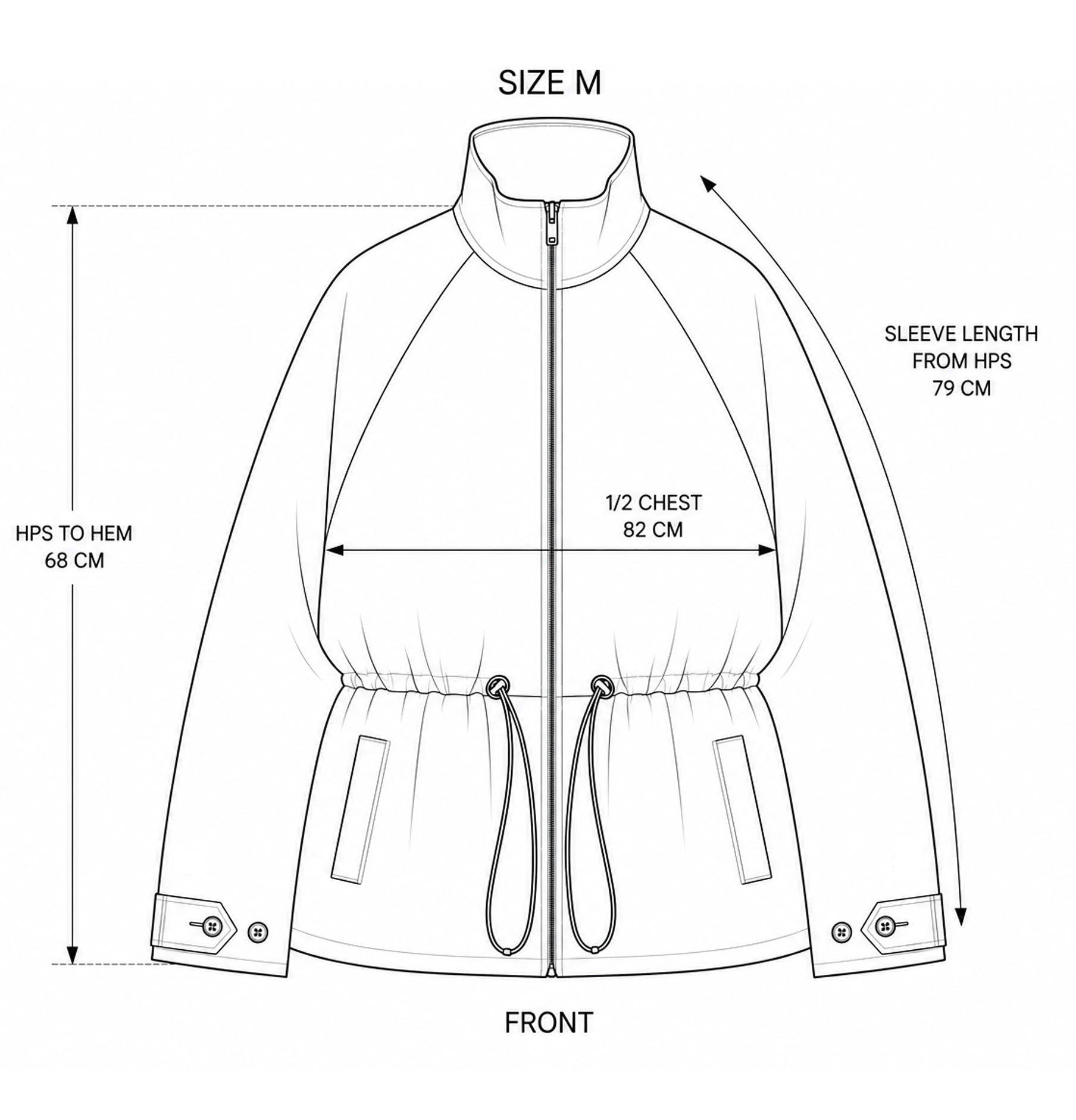 Front measurement diagram for size M Black Drawcord Cotton Jacket