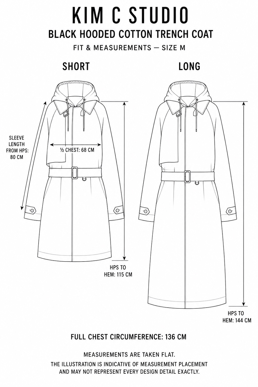 Black Hooded Cotton Trench Coat – Fit & Measurements