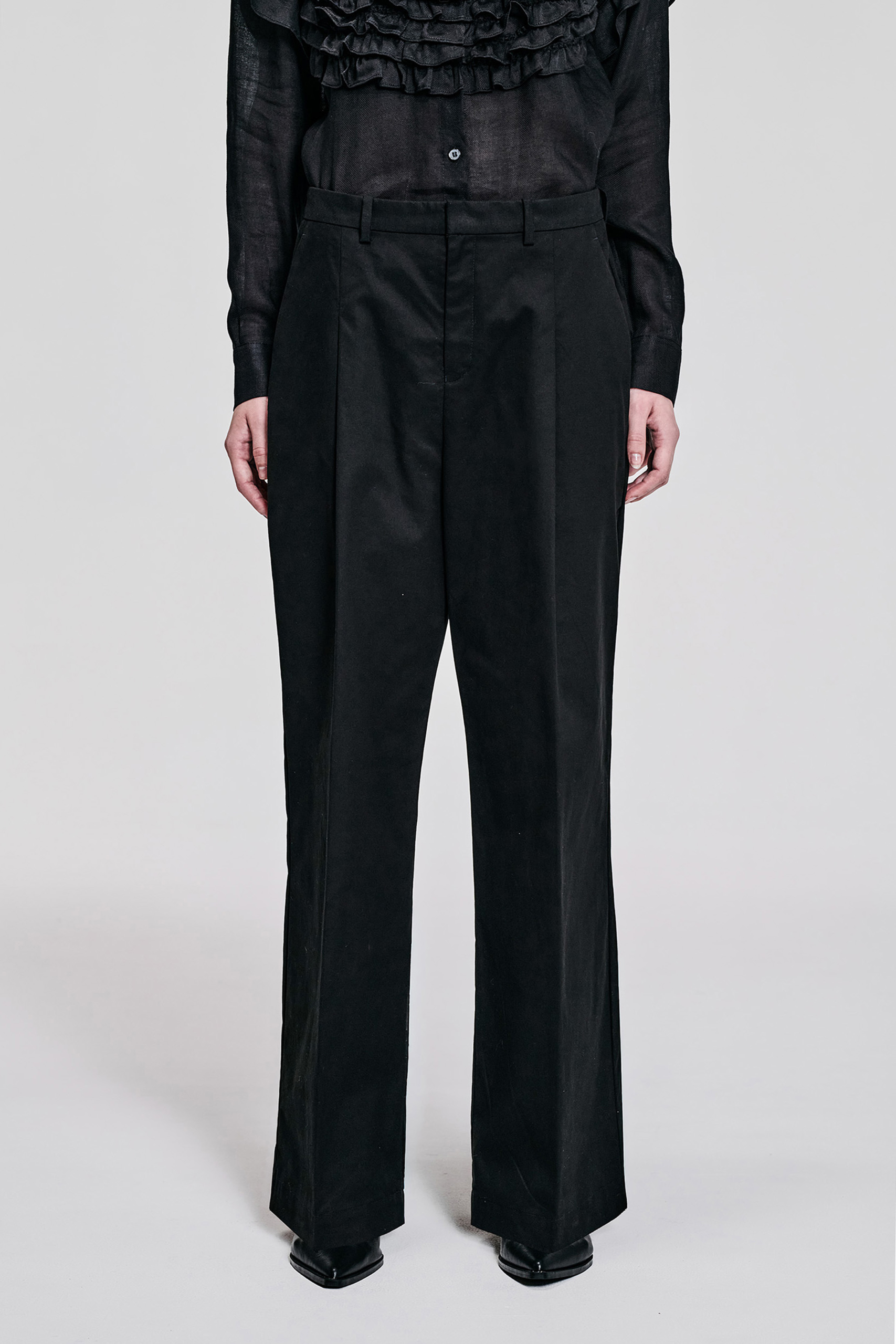 KIM C STUDIO black cotton straight-leg trousers front view