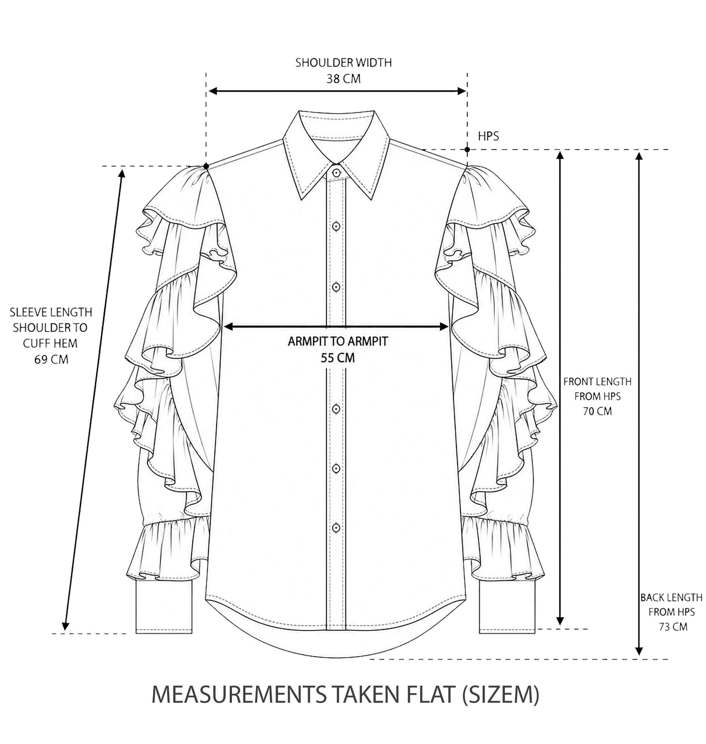 Black linen ruffle sleeve shirt measurement diagram showing garment dimensions
