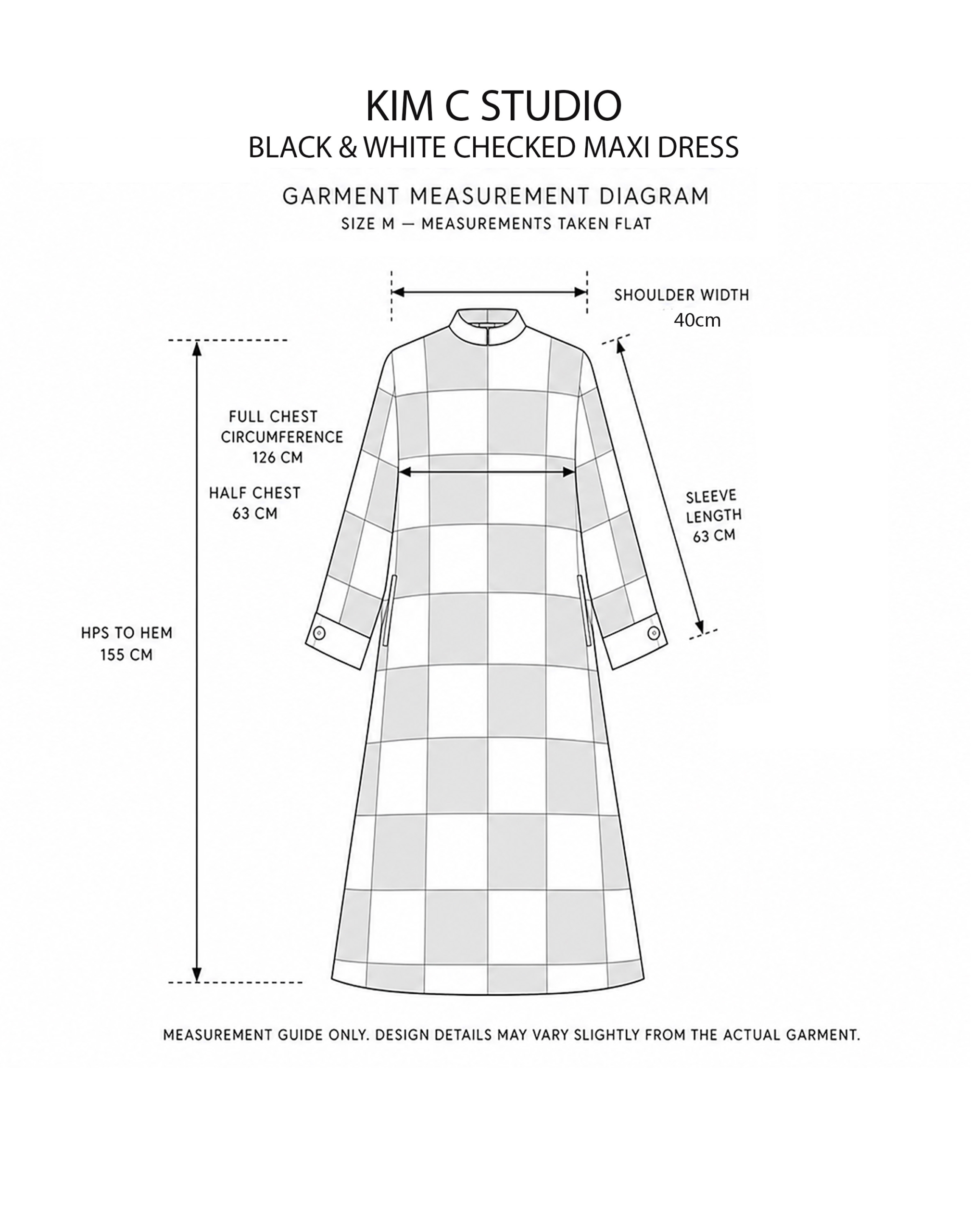 Kim C Studio black and white checked maxi dress measurement diagram showing garment dimensions.