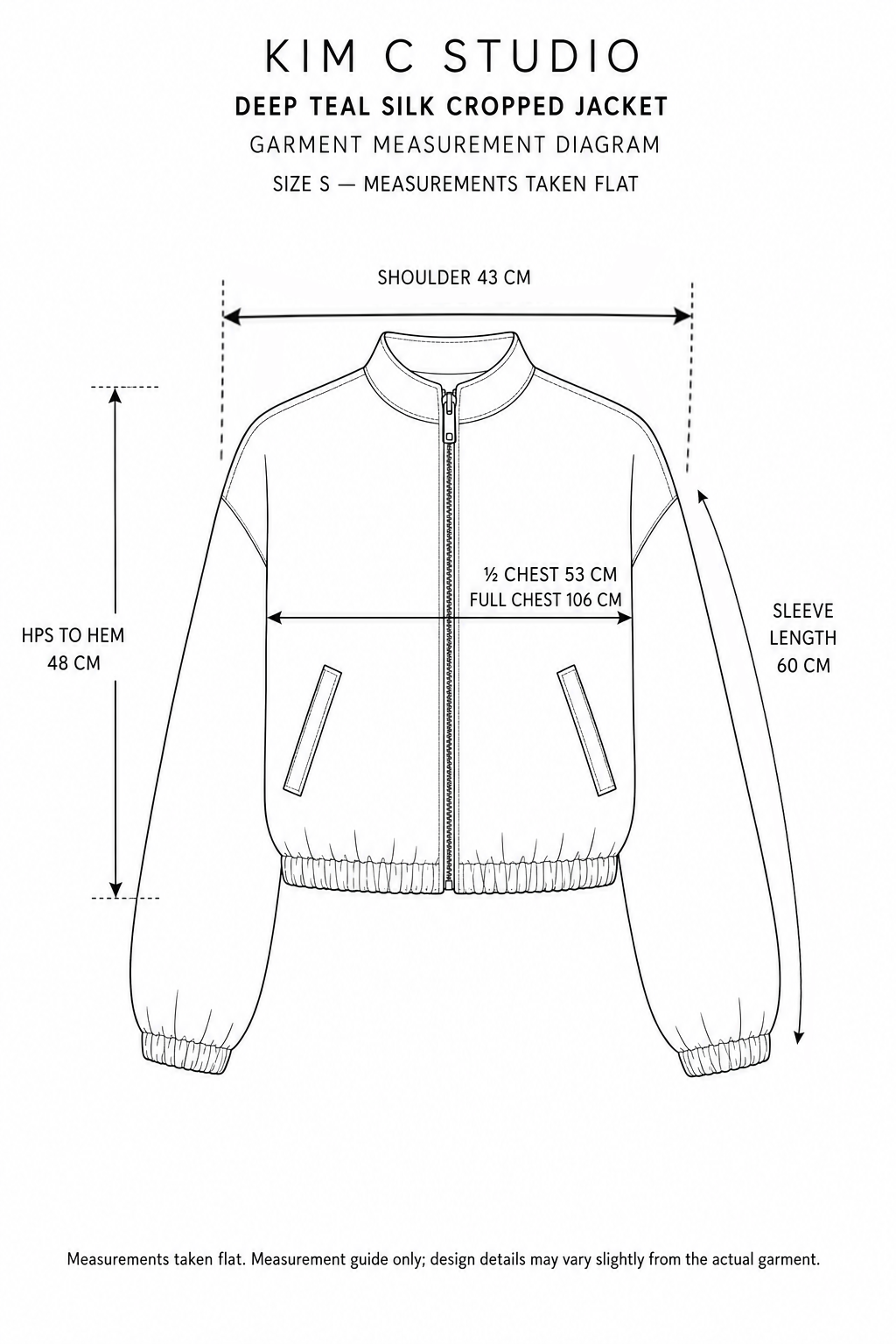 Kim C Studio deep teal silk cropped jacket Size S measurement diagram showing chest, shoulder, sleeve and garment length.