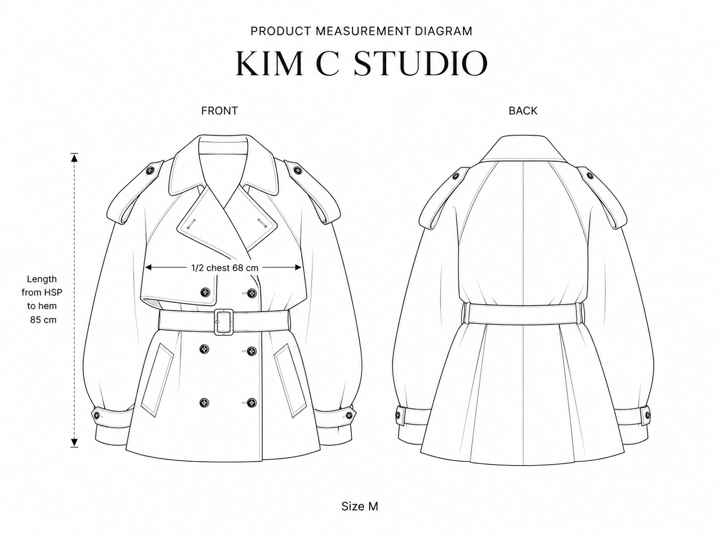 Cropped Cotton Trench Jacket measurement diagram showing size M garment dimensions