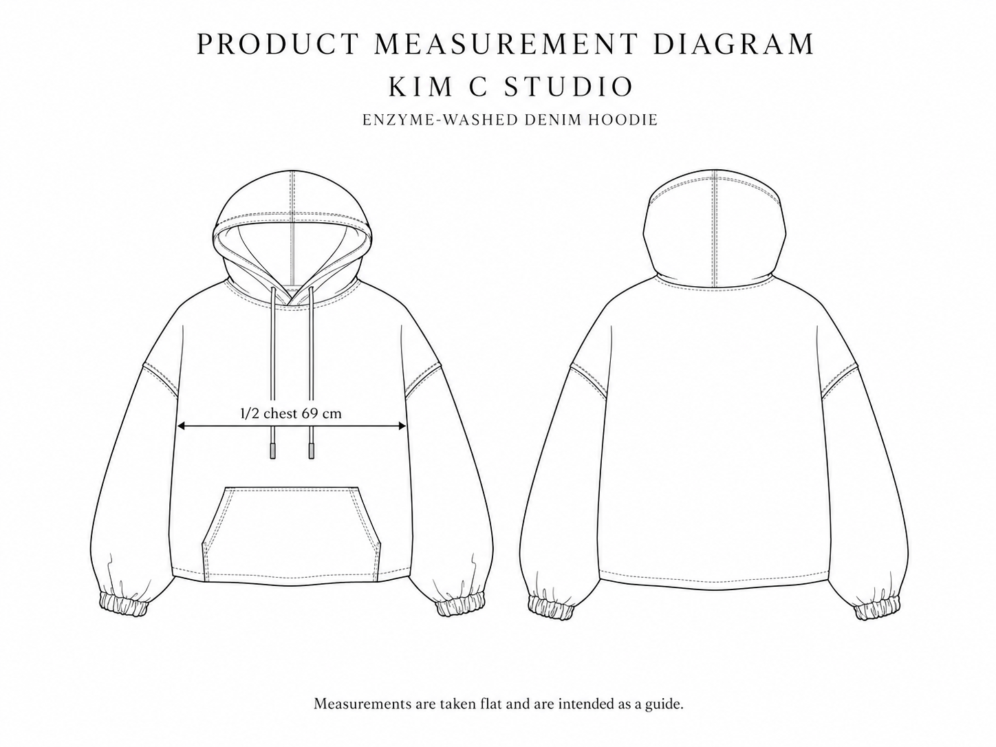 Enzyme-Washed Denim Hoodie measurement diagram showing garment dimensions