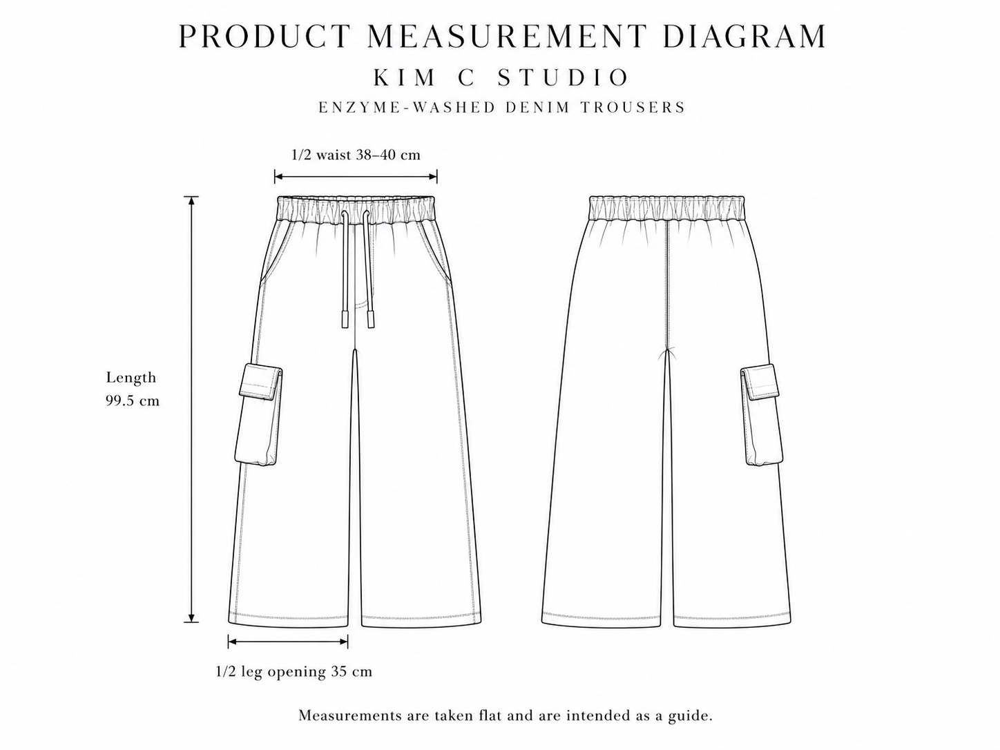 Enzyme-Washed Denim Trousers measurement diagram showing garment dimensions.