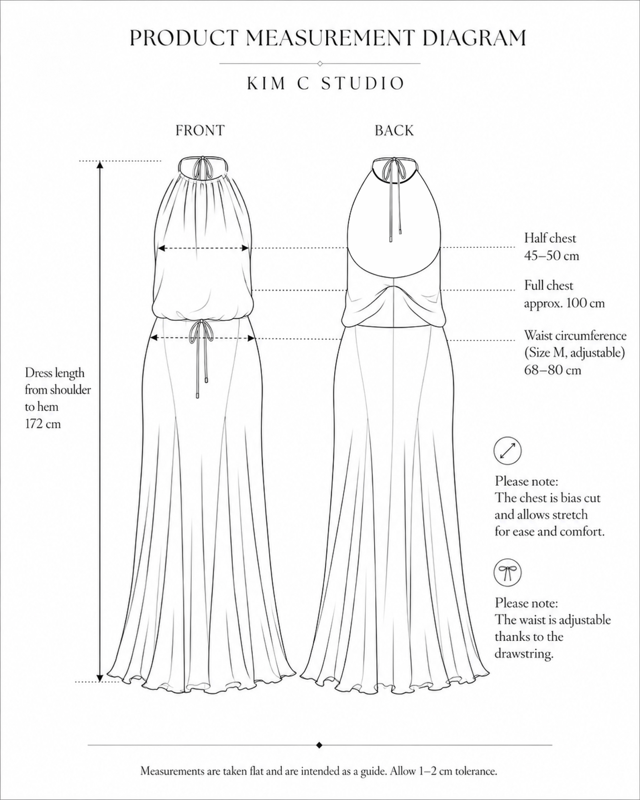 Gathered Halter Maxi Dress measurement diagram showing size M garment dimensions