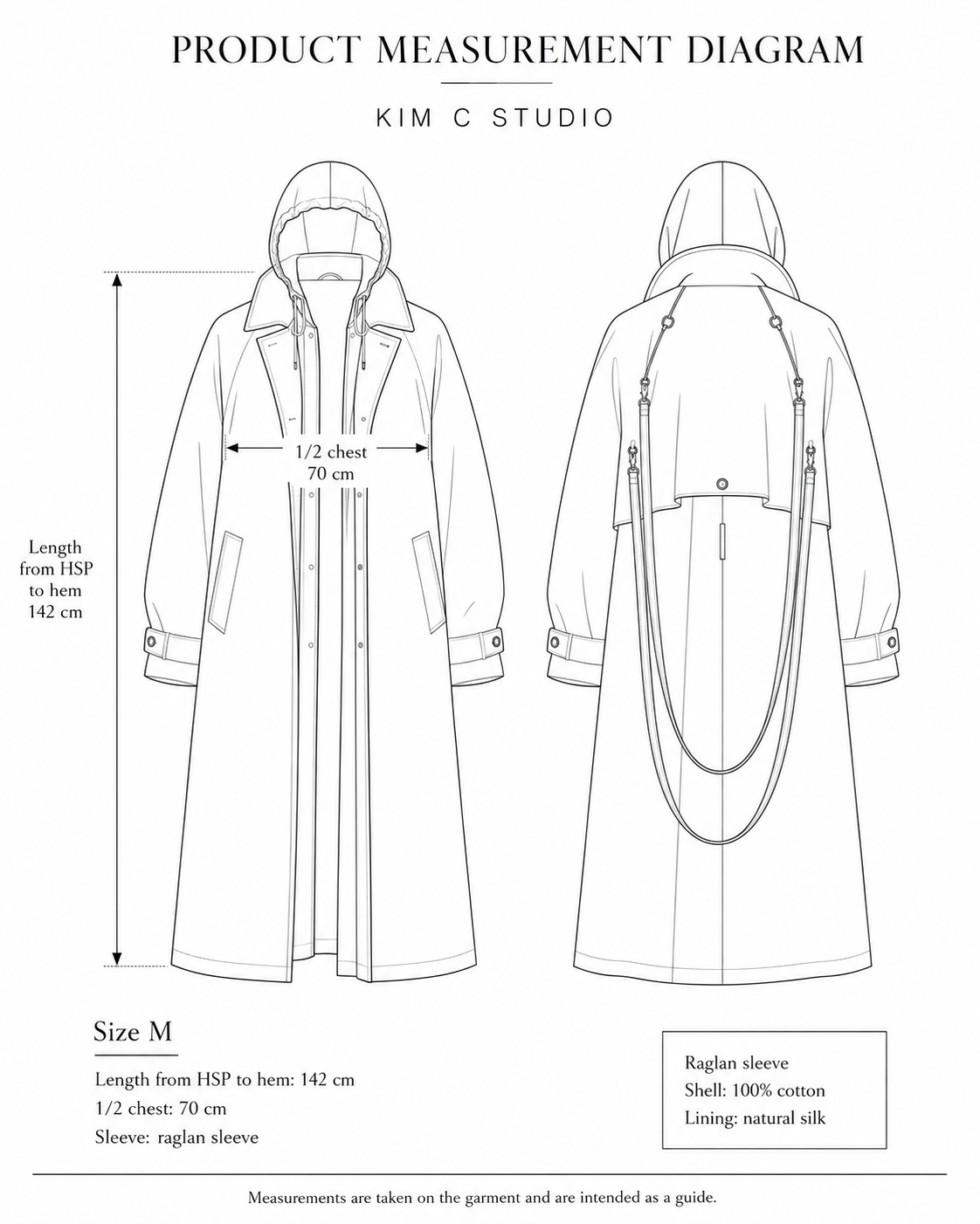 Sage Double-Collar Hooded Cotton Trench Coat measurement diagram showing size M garment dimensions.