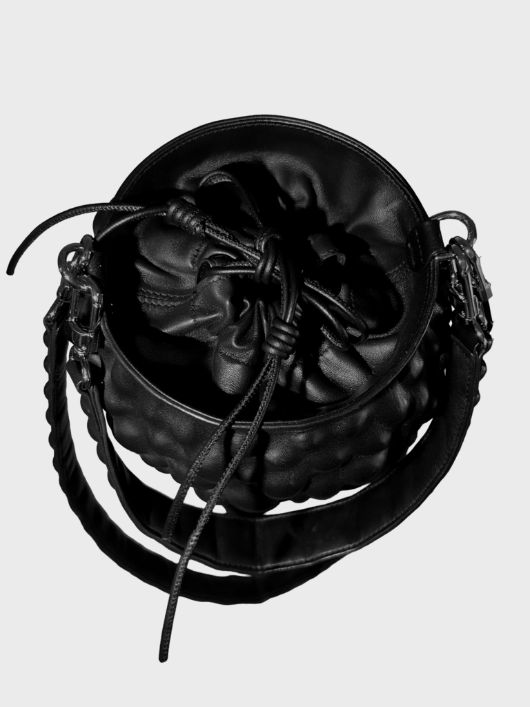 KimC Studio Berry black sculptural leather shoulder bag with detachable strap
