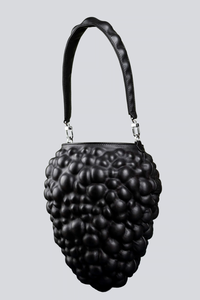 KimC Studio Berry black sculptural leather shoulder bag with detachable strap