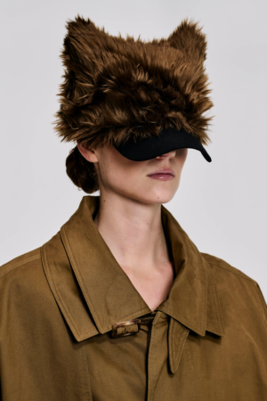 Model wearing the KIMC Studio Brown Sculptural Faux Fur Cap