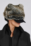 Model wearing the KIMC Studio Grey Sculptural Faux Fur Cap