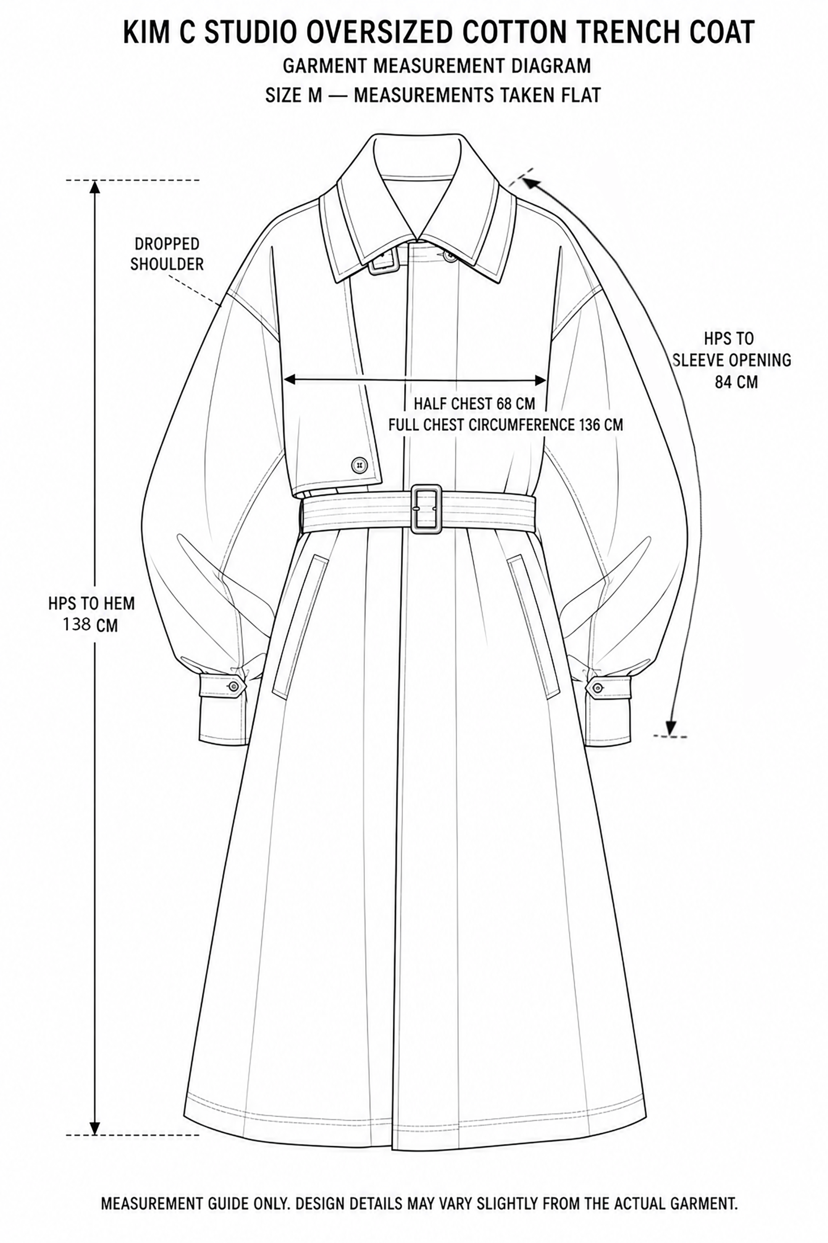 Kim C Studio Oversized Cotton Trench Coat measurement diagram showing Size M garment dimensions.