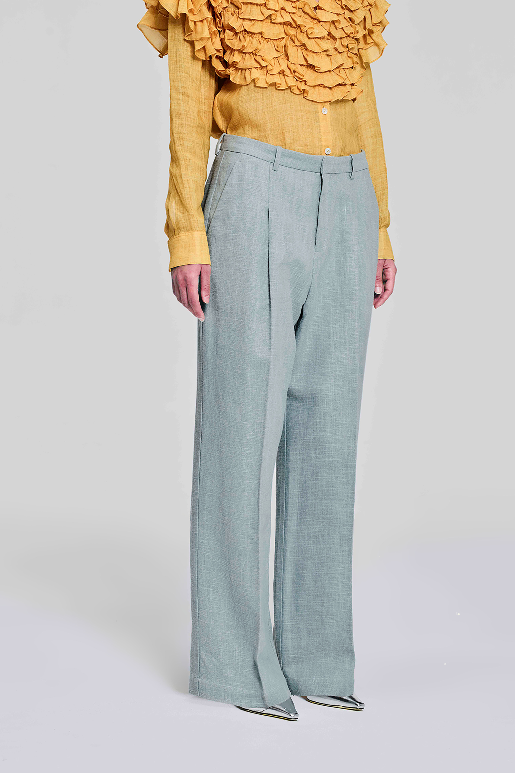 KIM C STUDIO pale blue linen straight-leg trousers side view