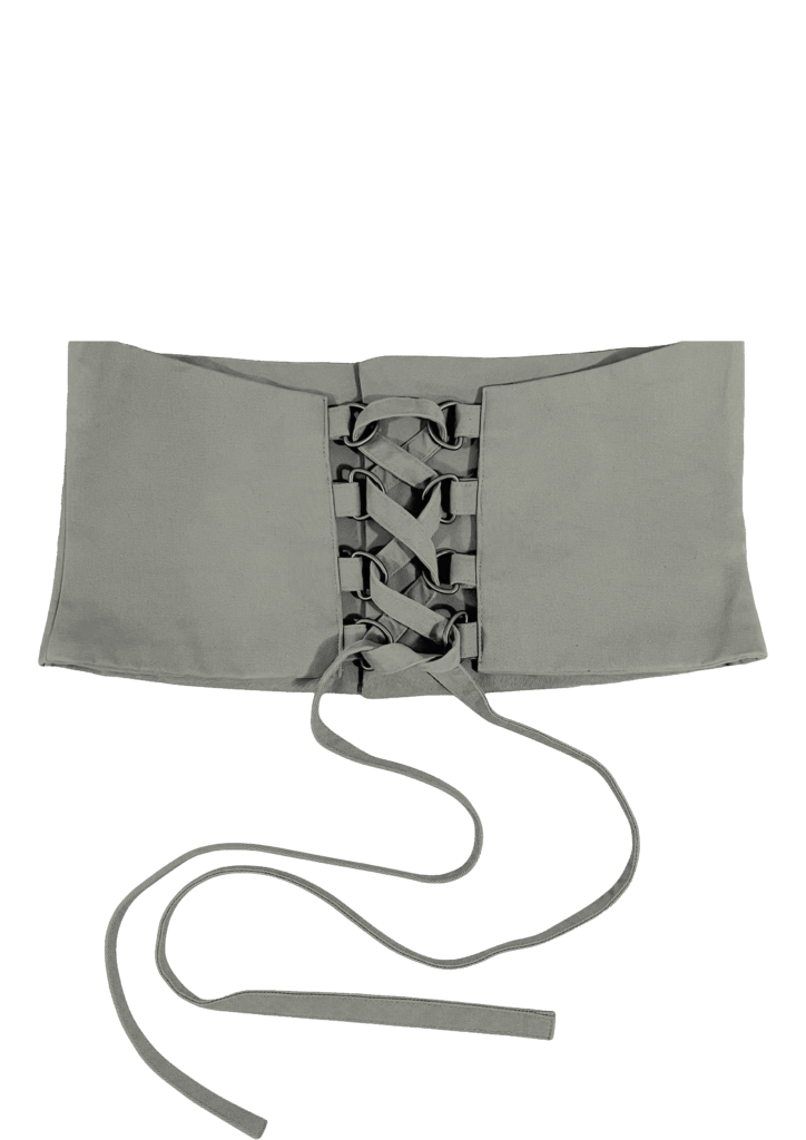 Back view of KIM C STUDIO sage cotton corset belt with three buttons