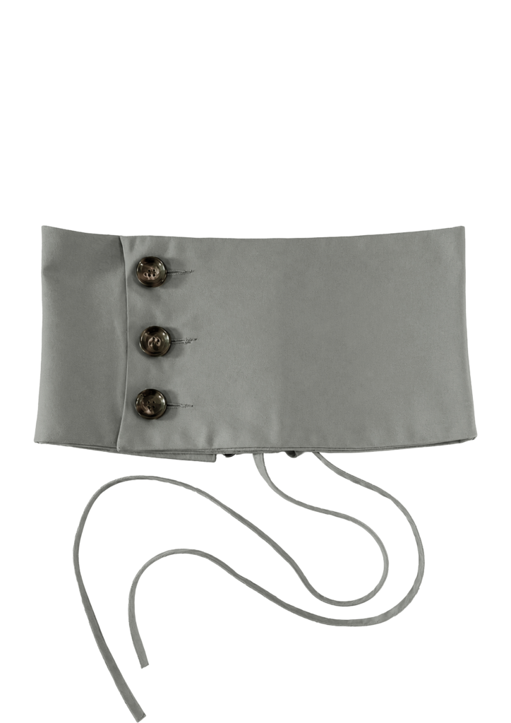Front view of KIM C STUDIO sage cotton corset belt with three buttons