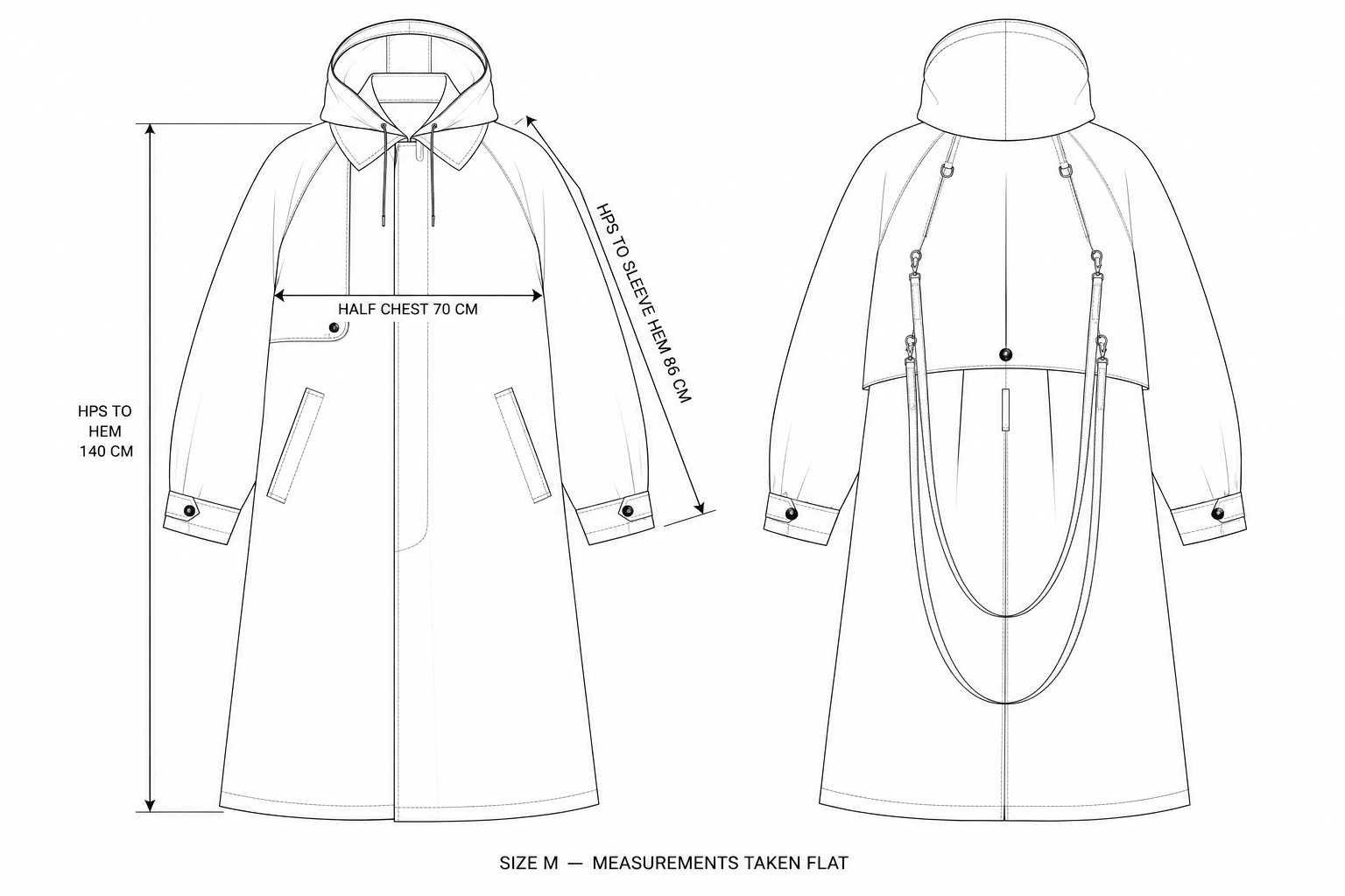Kim C Studio sage hooded cotton trench coat size M measurement diagram showing coat length, chest width and sleeve length.