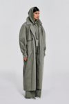 Style view of full-length sage hooded cotton trench coat
