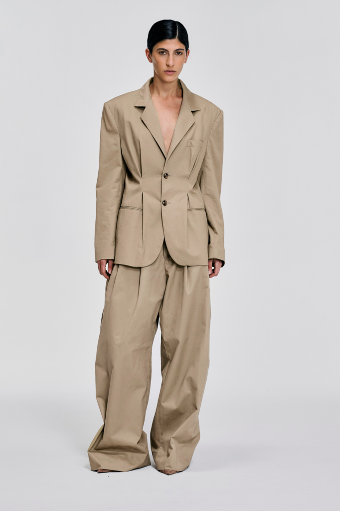 Front view of KIMC Studio Sculpted Pleat Cotton Blazer in sand