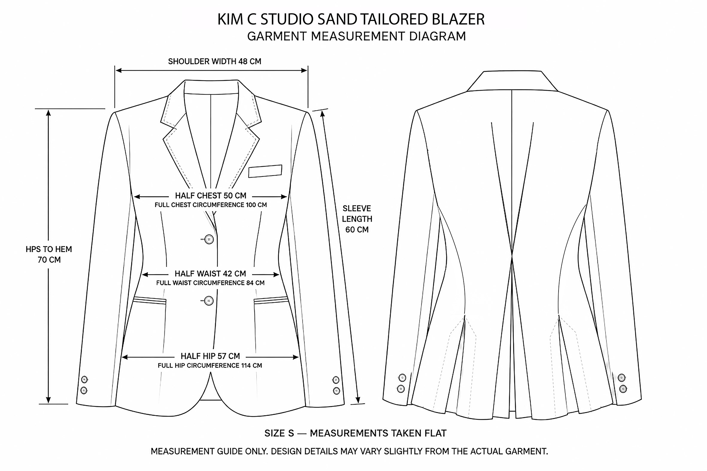 Kim C Studio Sculpted Pleat Cotton Blazer in Sand, Size S front and back measurement diagramwaist, hip, sleeve and garment length.