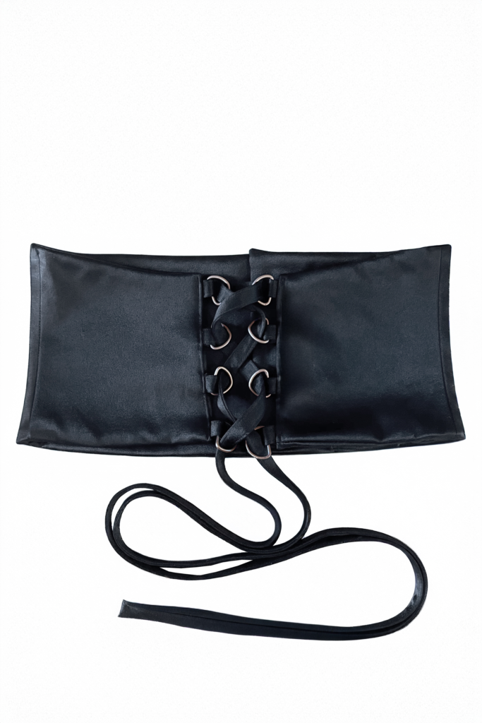 Back view of KIM C STUDIO sage satin corset belt with three buttons