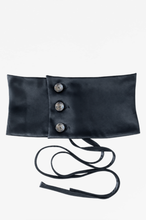 Front view of KIM C STUDIO sage satin corset belt with three buttons