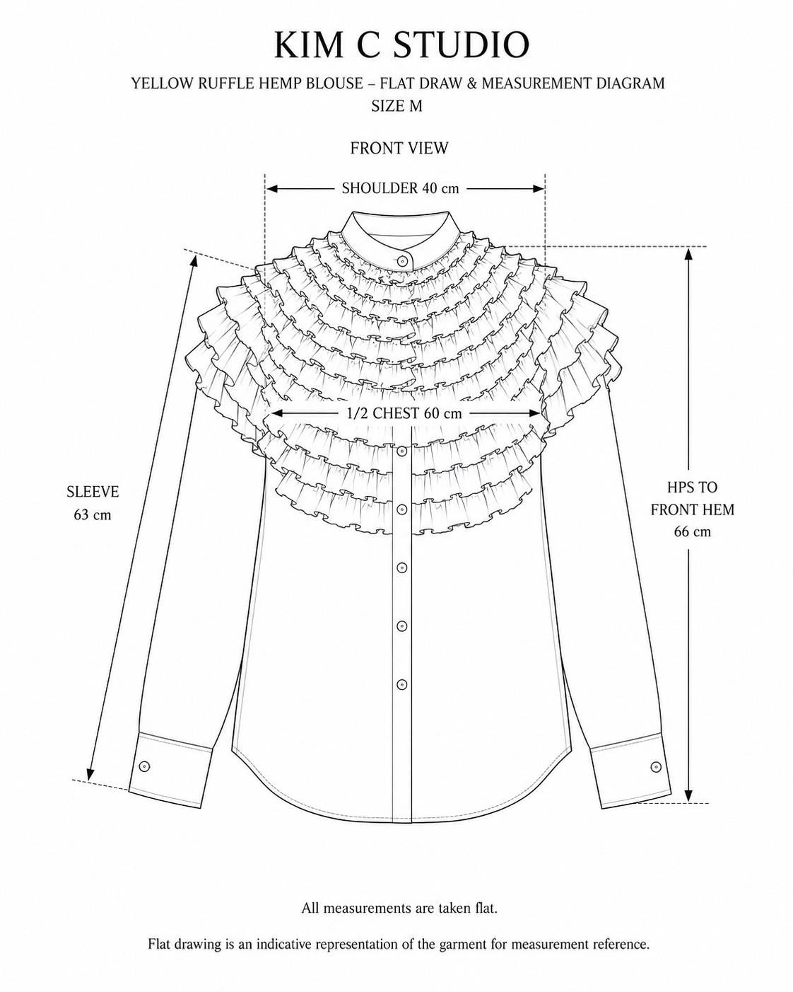 Size M garment measurement diagram for the Yellow Ruffle Hemp Blouse