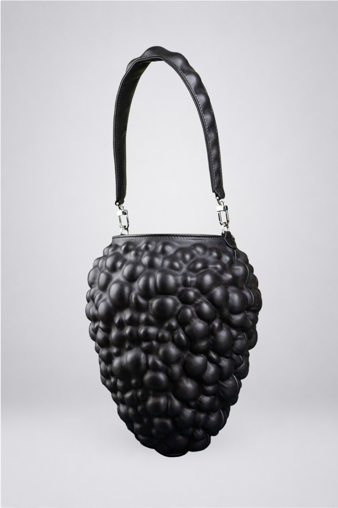 Black sculptural leather Berry Bag by Kim C Studio