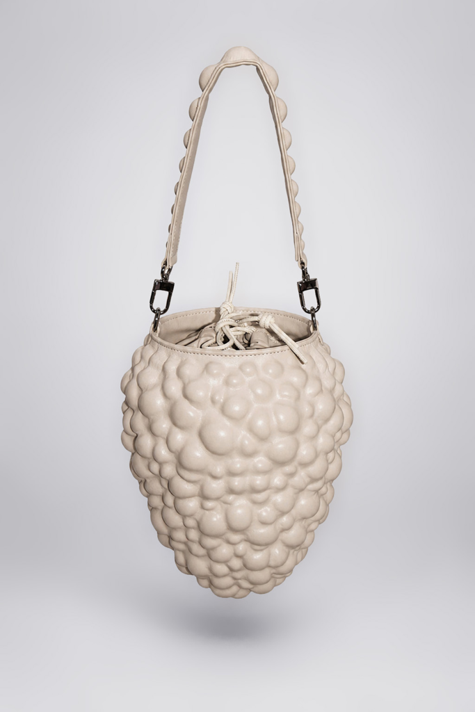 Beige sculptural leather Berry Bag by Kim C Studio
