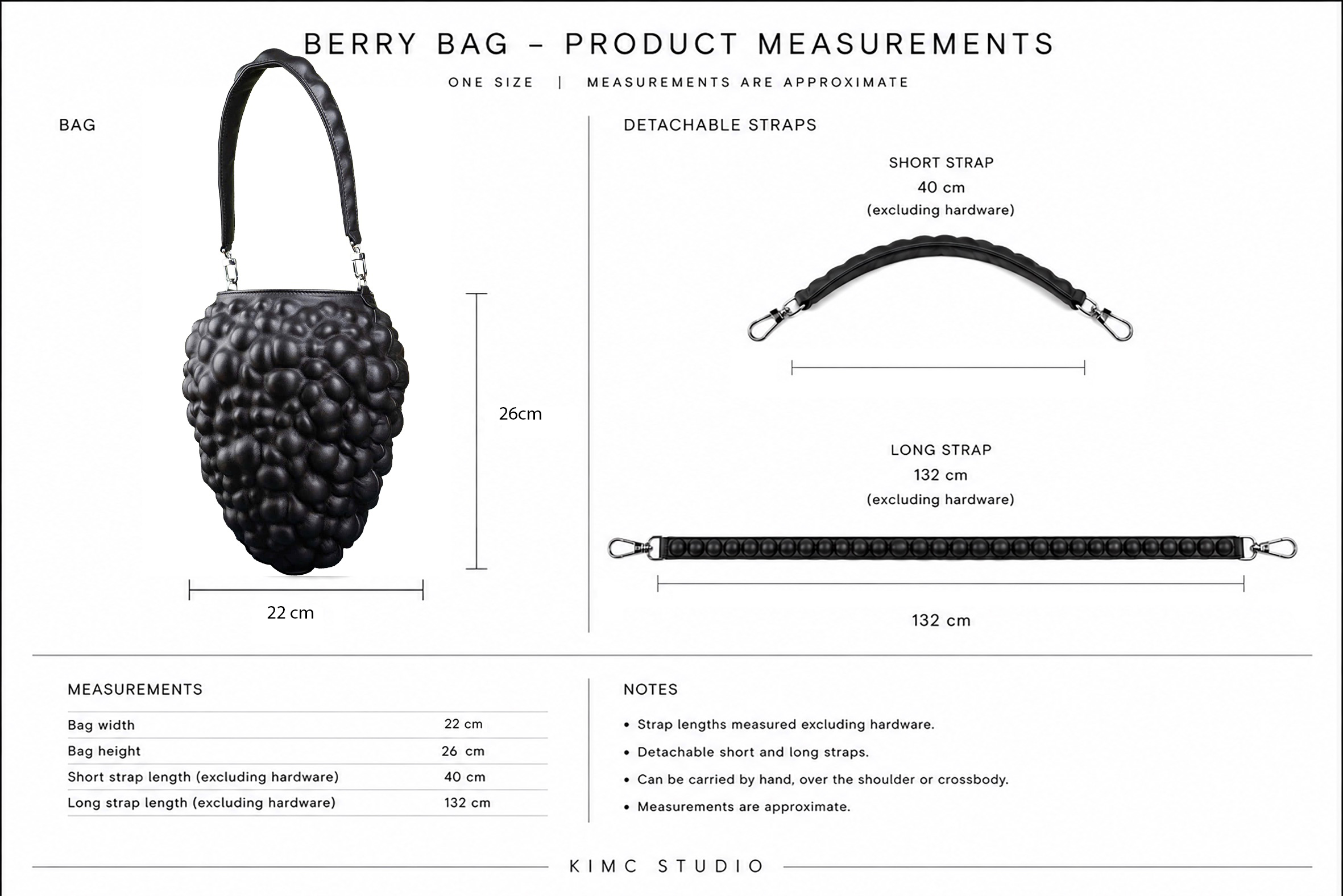 Berry Bag product measurements showing bag dimensions and detachable short and long strap lengths