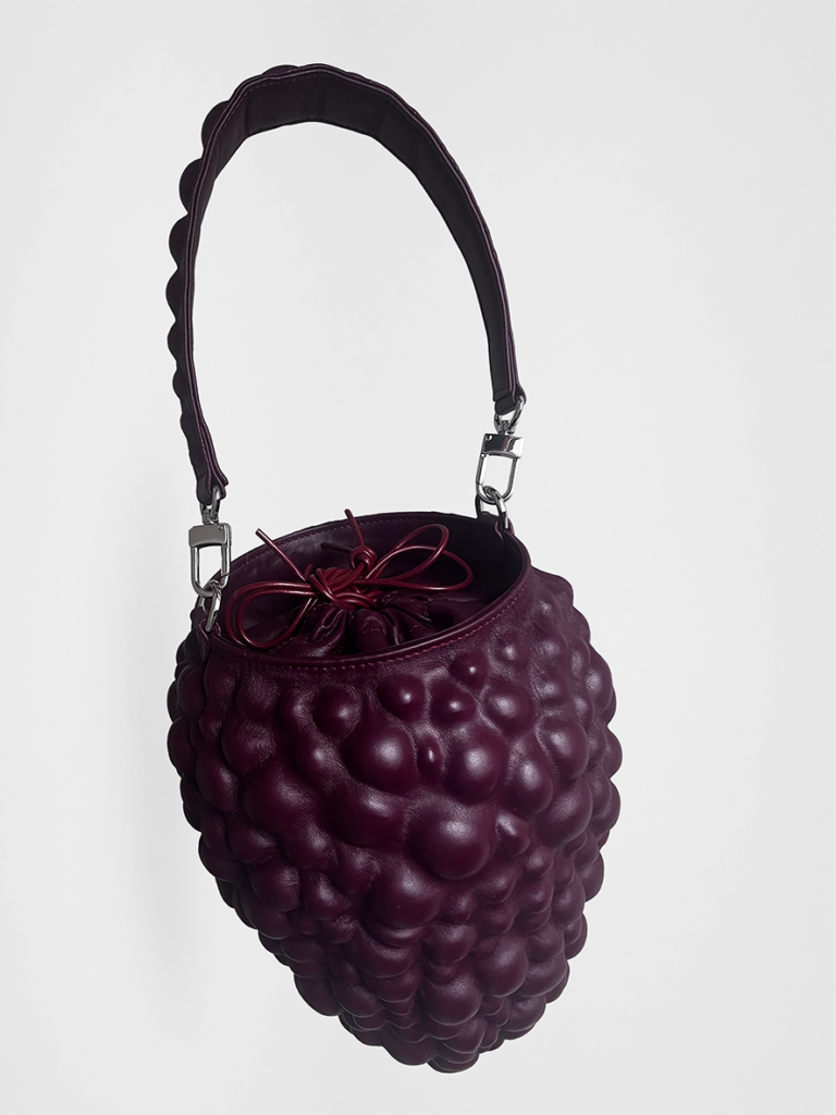 Burgundy sculptural leather Berry Bag by Kim C Studio